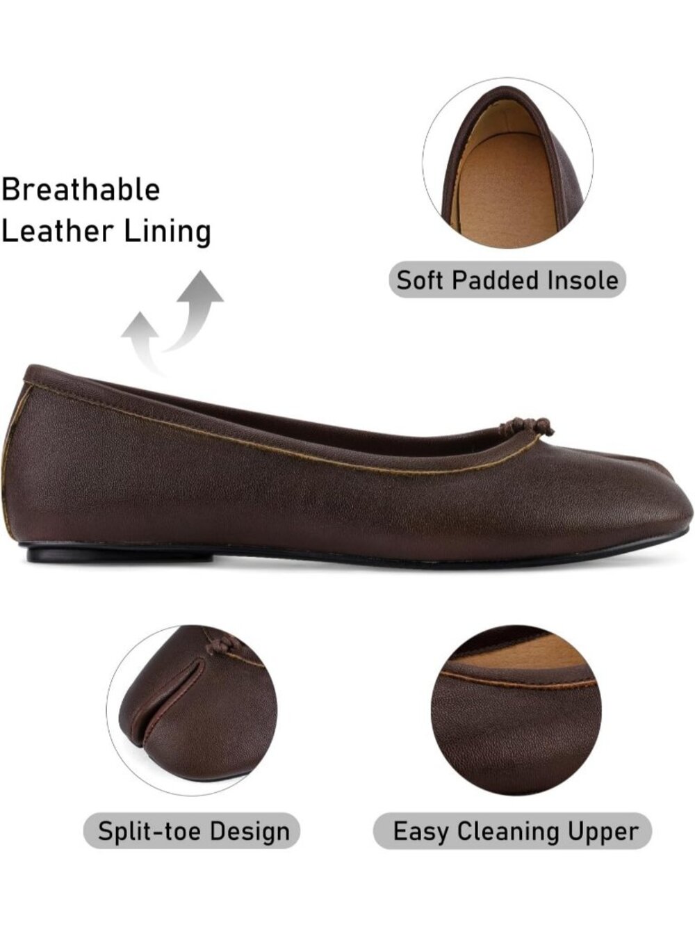 Women's Dark Brown Round Toe Wide Width Low Heel Comfortable Pull On Ballet Flat - Picture 4 of 5